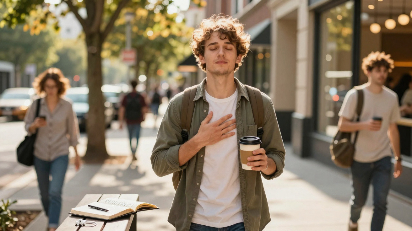 Jovem com mochila e café na mão respira profundamente, com olhos fechados, numa rua movimentada da cidade.