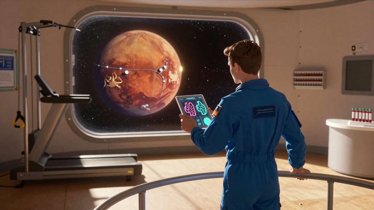 Homem com fato espacial observa planeta vermelho através de janela enquanto segura tablet com dados cerebrais.