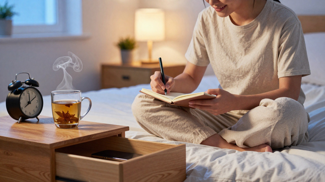 Pessoa a escrever num caderno sentada na cama, com chá quente e relógio despertador numa mesa ao lado.