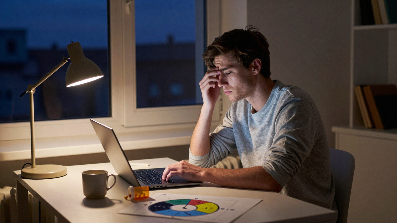 Jovem preocupado trabalha até tarde num computador portátil numa mesa com gráficos e uma caneca à luz de uma lâmpada.