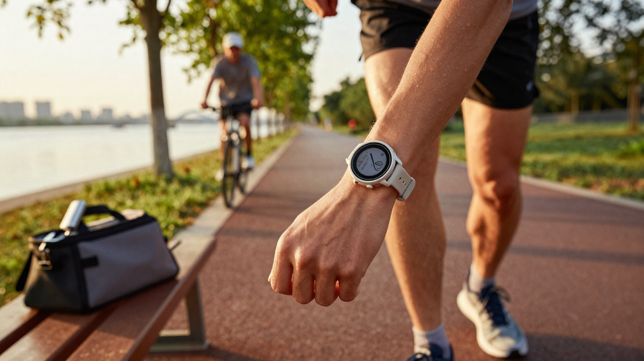 Pessoa a correr e a olhar para relógio desportivo numa ciclovia junto a um rio em dia soalheiro.