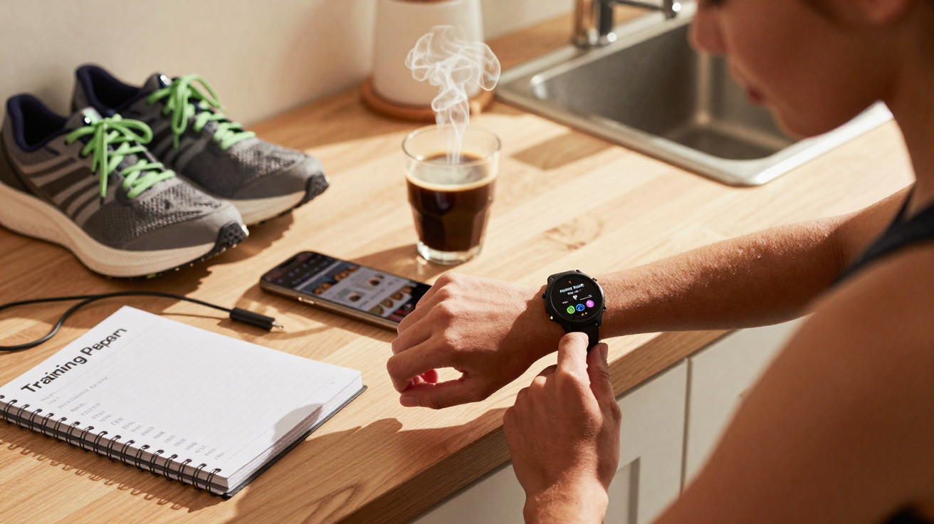 Pessoa a ajustar smartwatch junto a ténis, telemóvel, caderno de treinos e chávena de café fumegante.