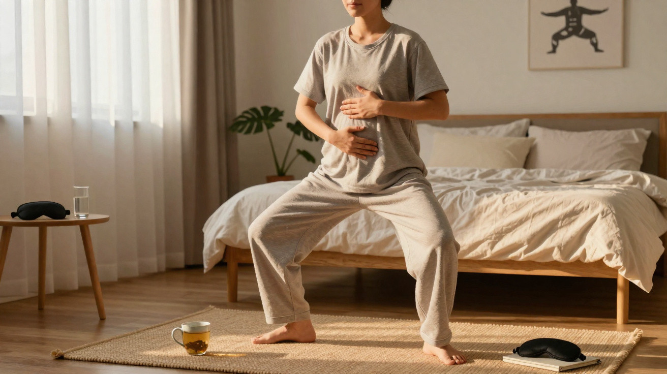 Pessoa em pijama cinzento, de pé na sala, praticando exercícios respiratórios com as mãos na barriga.