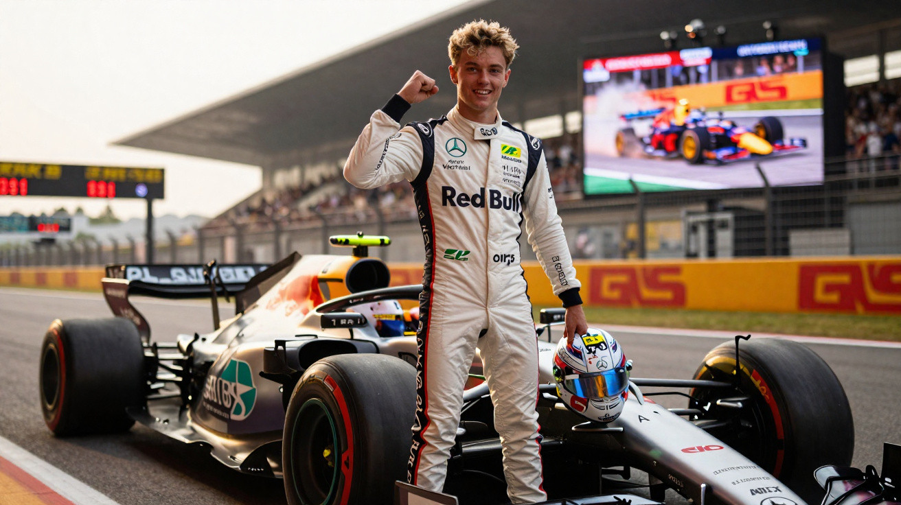 Piloto de Fórmula 1 com fato da Red Bull celebra em pista ao lado de carro de corrida prata e preto.