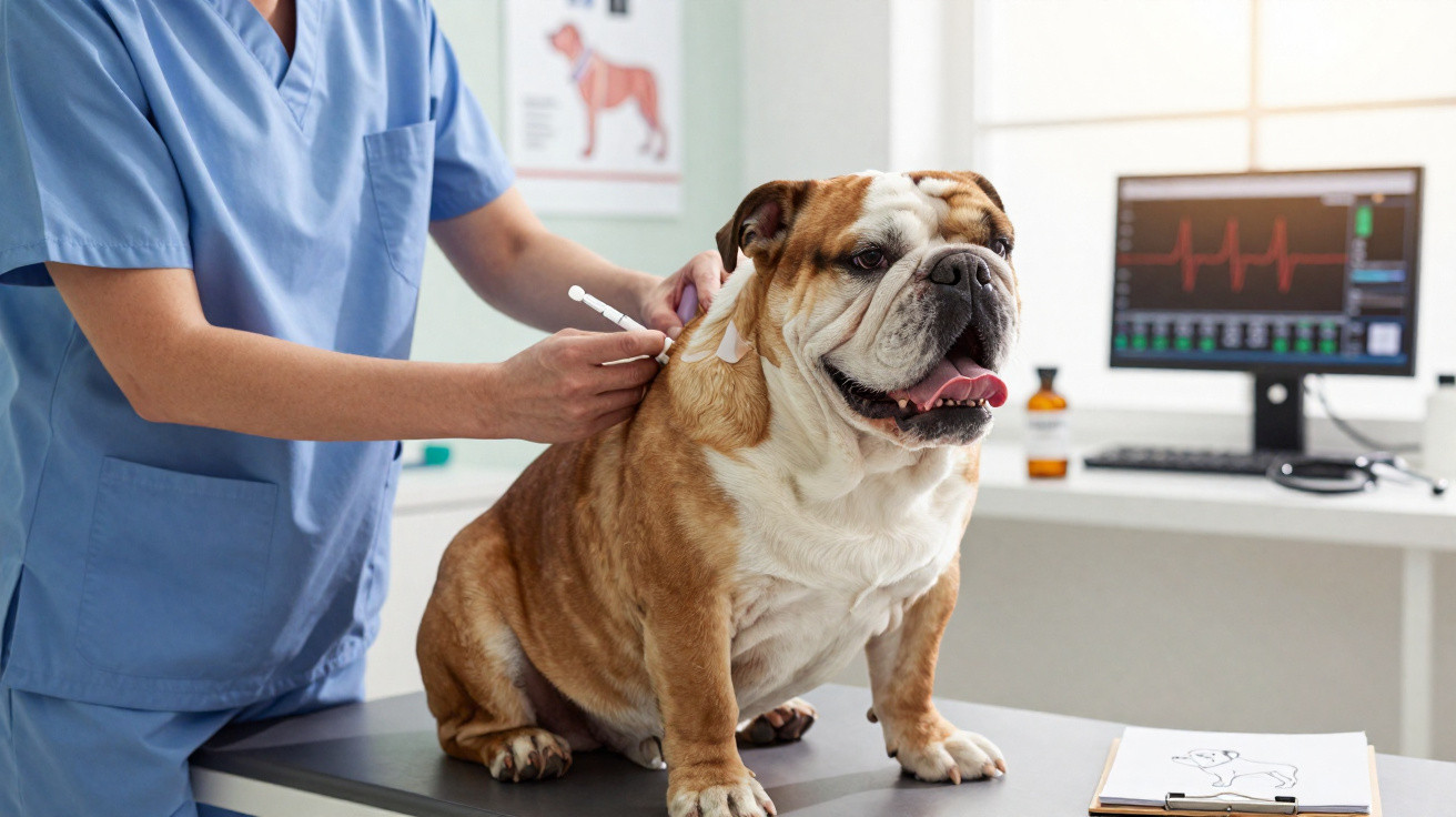 Veterinário a aplicar injeção num cão bulldog inglês numa clínica veterinária moderna.