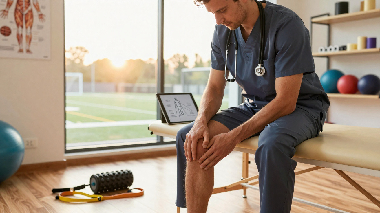 Homem com uniforme médico sentado num consultório, segurando o joelho, com equipamento de fisioterapia ao fundo.