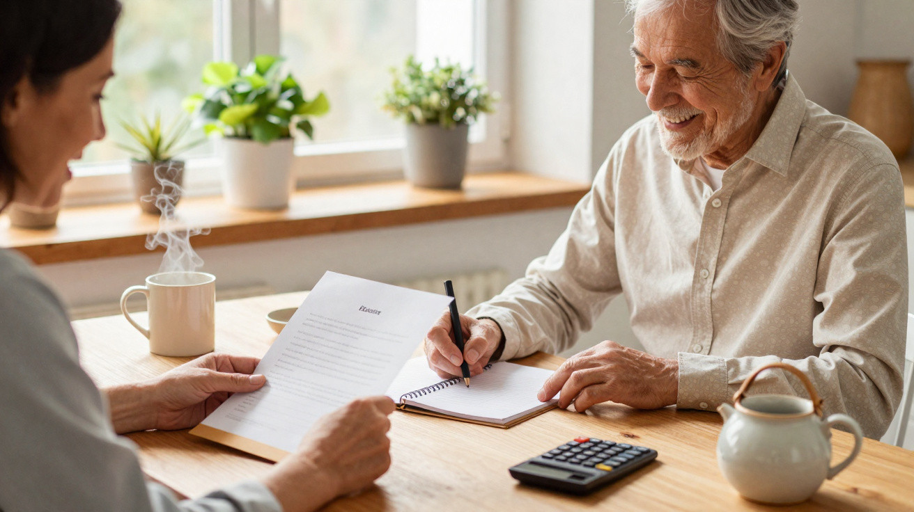 Duas pessoas sentadas à mesa, uma lê um documento e a outra escreve num caderno, com calculadora e chá.
