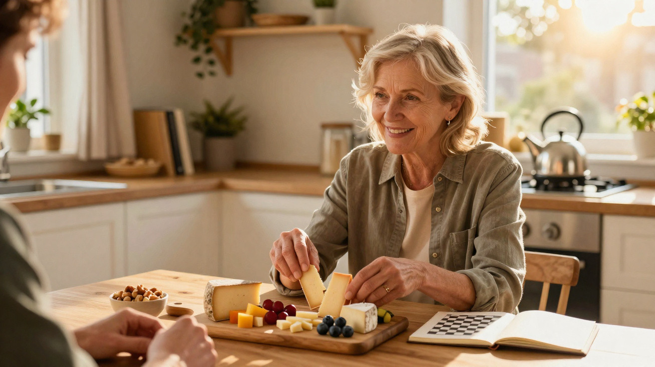 Mulher sorridente a preparar tábua de queijos, frutas e nozes numa cozinha luminosa e acolhedora.