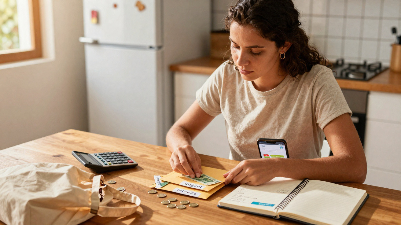 Mulher organiza dinheiro e envelopes para pagamentos numa mesa com calculadora e caderno na cozinha.