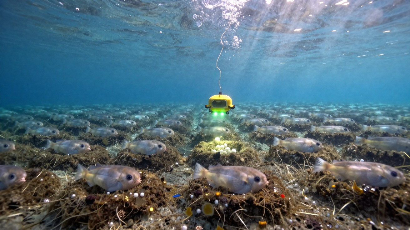 Robô subaquático amarelo ilumina peixes pequenos junto ao fundo marinho coberto de algas e detritos.