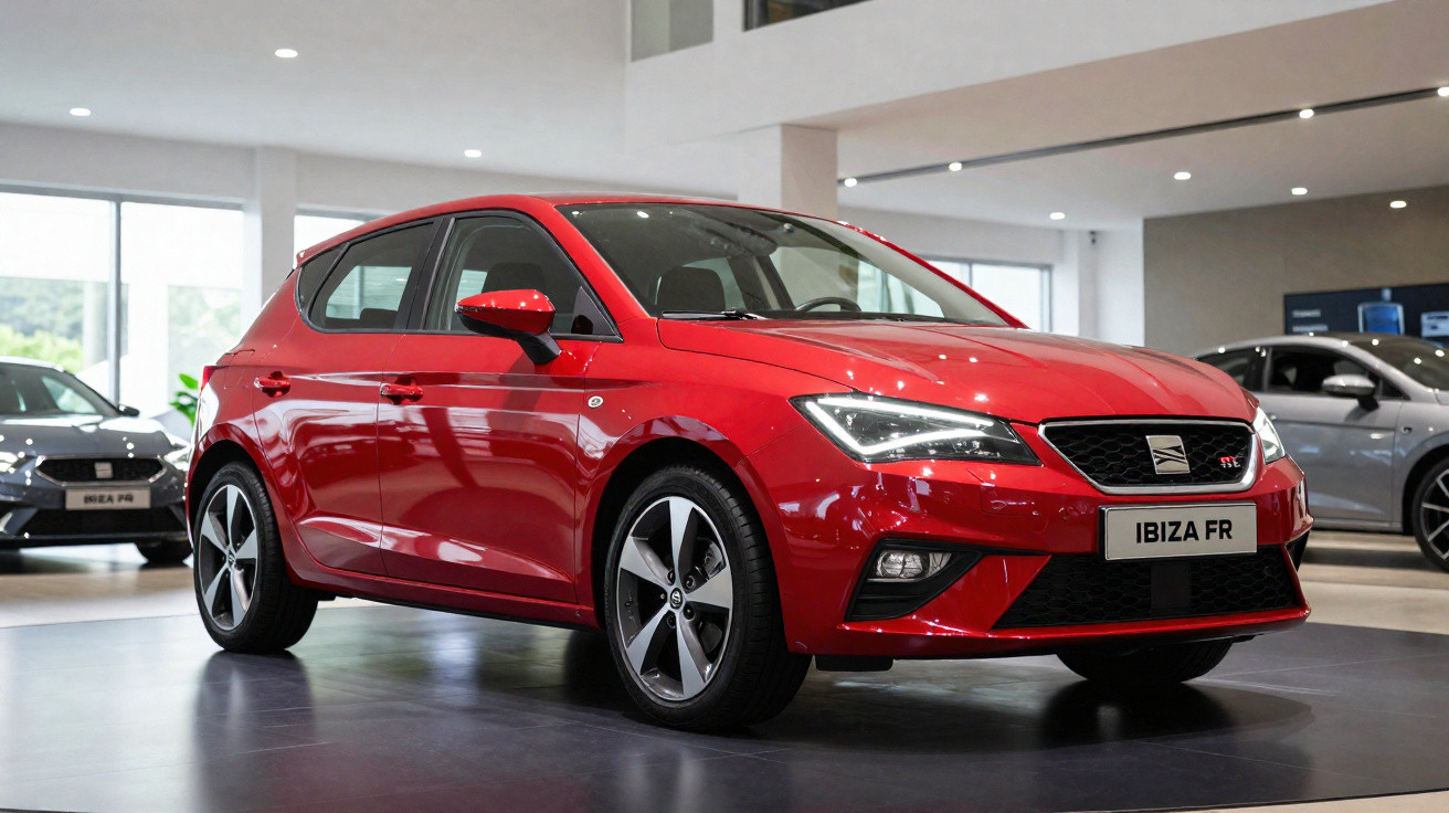 Carro vermelho modelo Seat Ibiza FR exposto num showroom moderno e iluminado.
