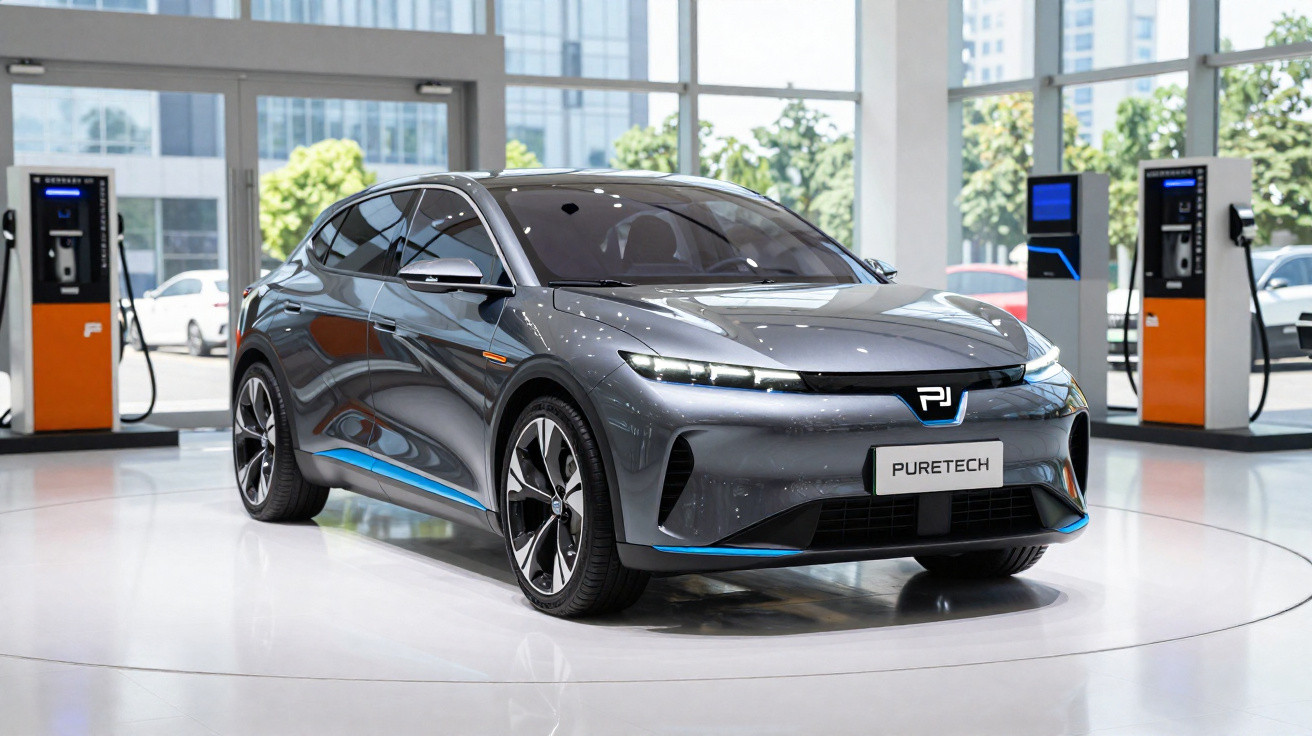 Carro elétrico cinzento Puretech num salão moderno com postos de carregamento ao fundo.