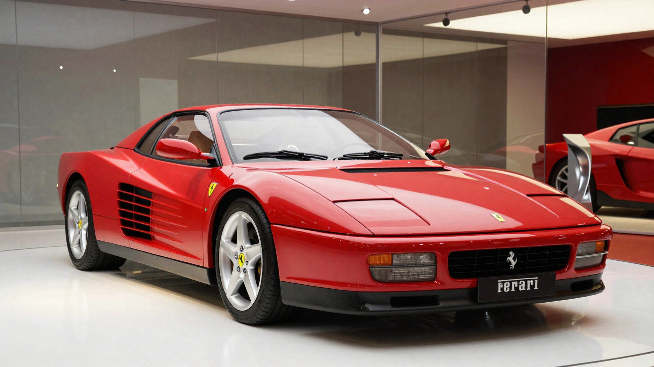 Carro desportivo Ferrari vermelho clássico exposto em museu com design aerodinâmico e jantes prateadas.