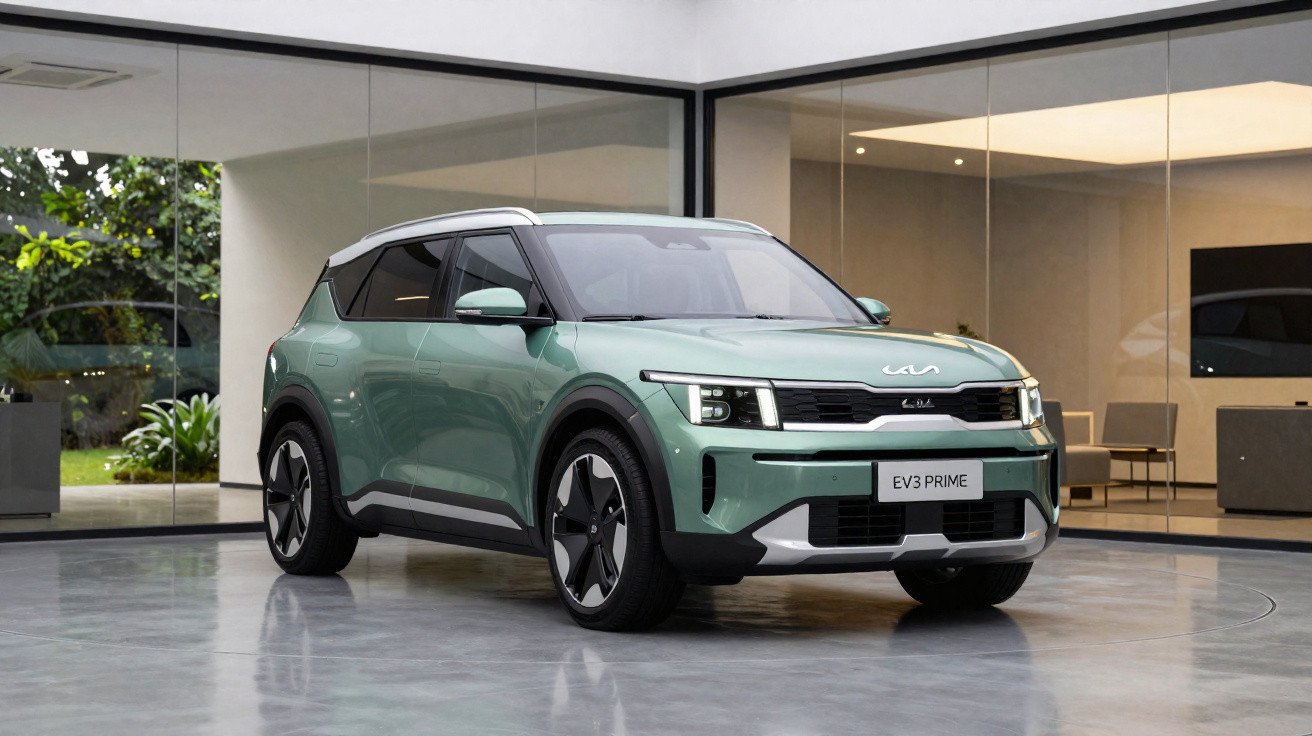 Carro elétrico Kia EV3 Prime verde estacionado em garagem moderna com janelas de vidro grandes.