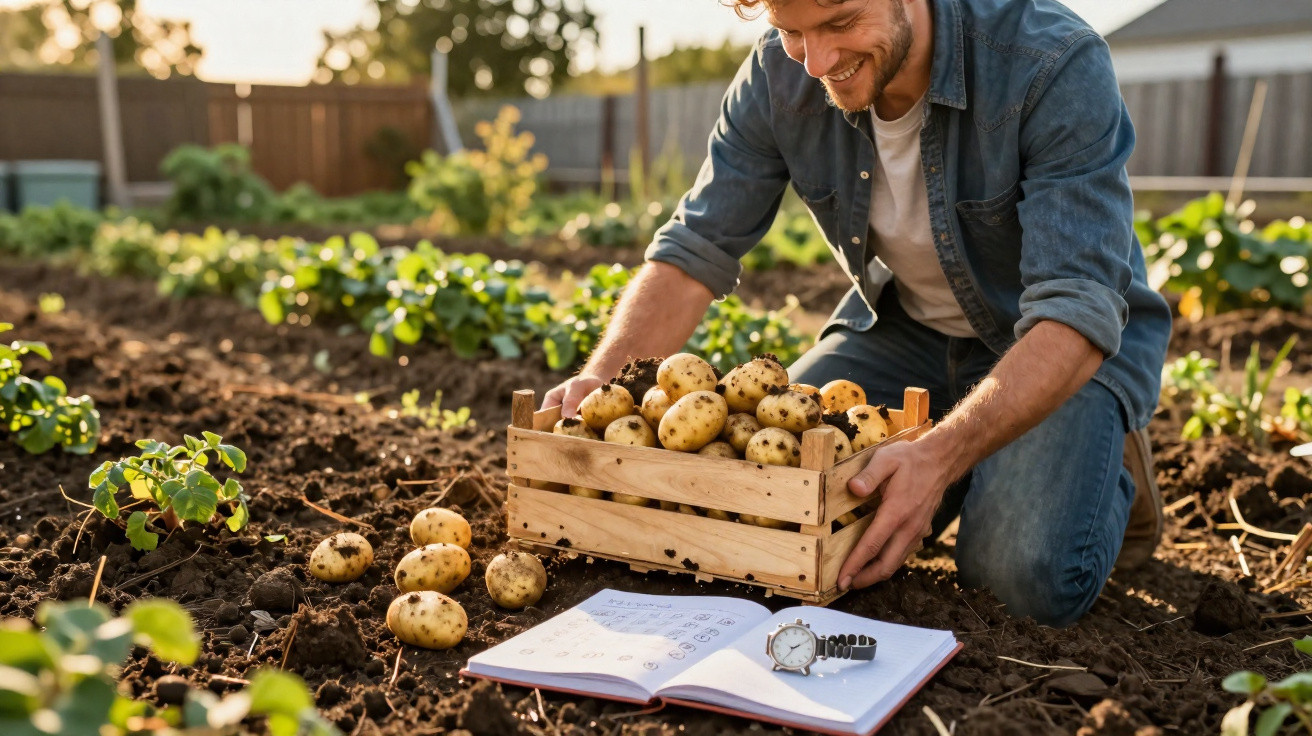 Homem colhe batatas e põe numa caixa de madeira numa horta, com caderno e relógio na terra.