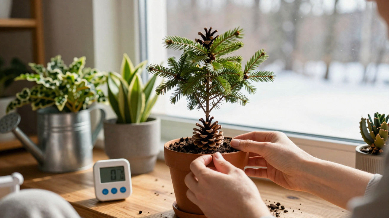 Mãos a cuidar de pequena planta de pinheiro num vaso, sobre mesa com outras plantas e termómetro digital.