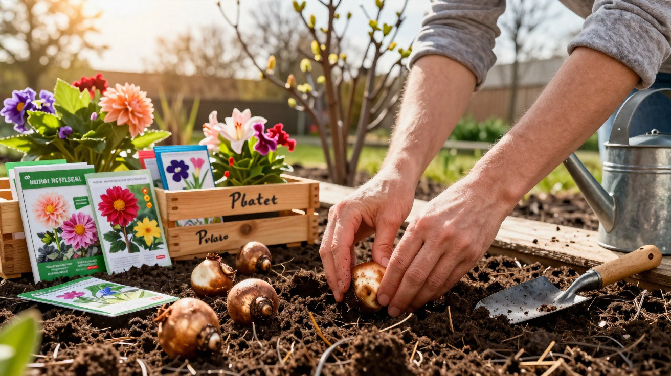 Mãos a plantar bolbos de flores na terra com sementes e flores coloridas ao fundo num jardim.