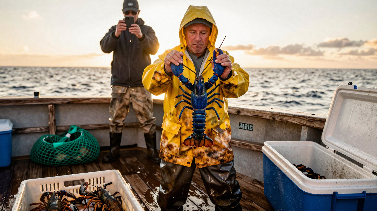 Pescador com fato amarelo segura uma lagosta azul num barco com outro homem a tirar foto ao fundo.