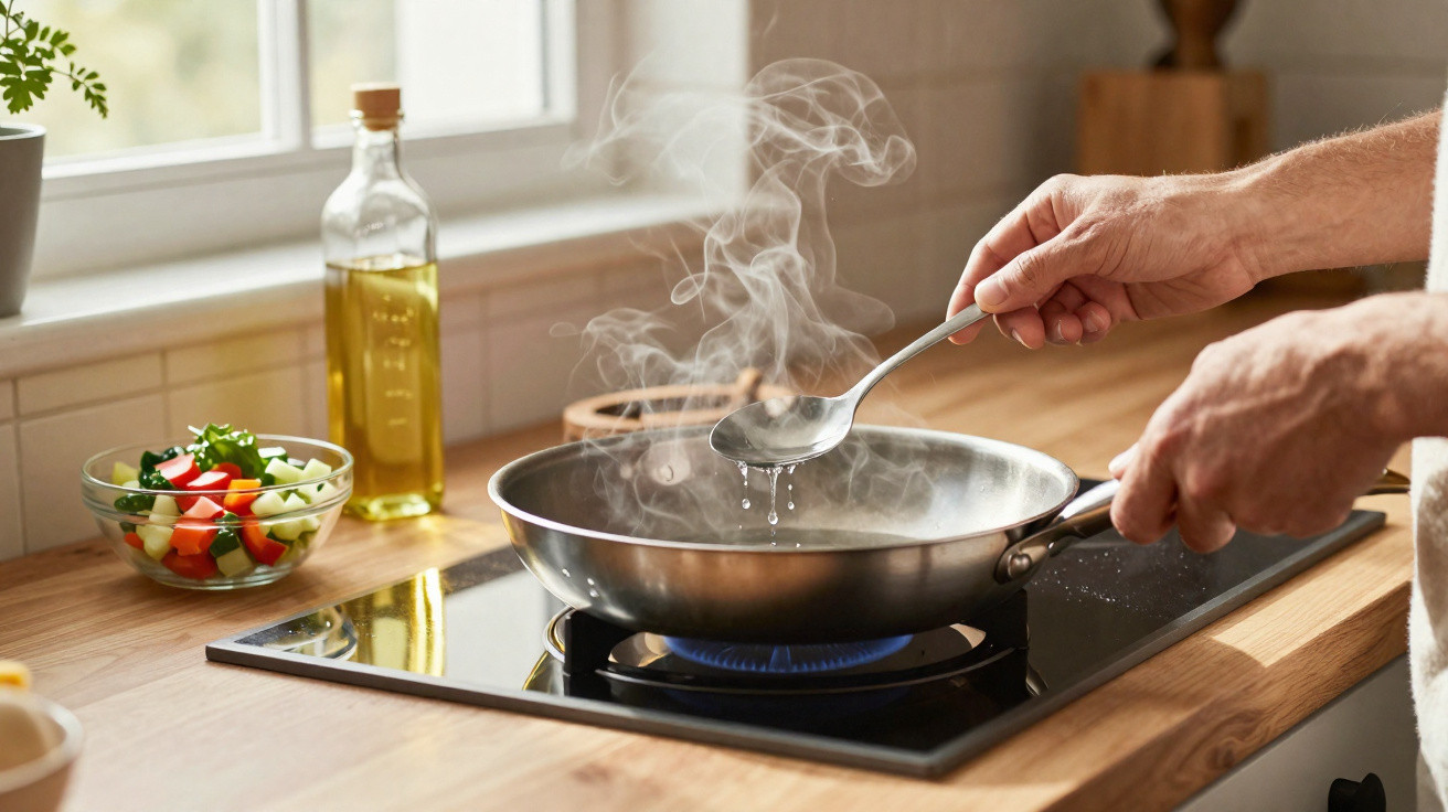 Mãos a deitar água numa frigideira fumegante sobre placa de indução numa cozinha com salada e azeite ao fundo.
