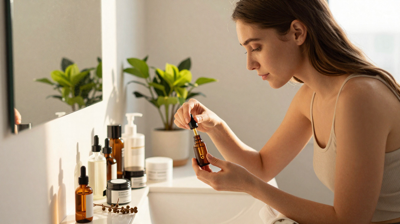 Mulher aplica sérum facial com conta-gotas numa casa de banho com plantas e produtos de beleza no lavatório.