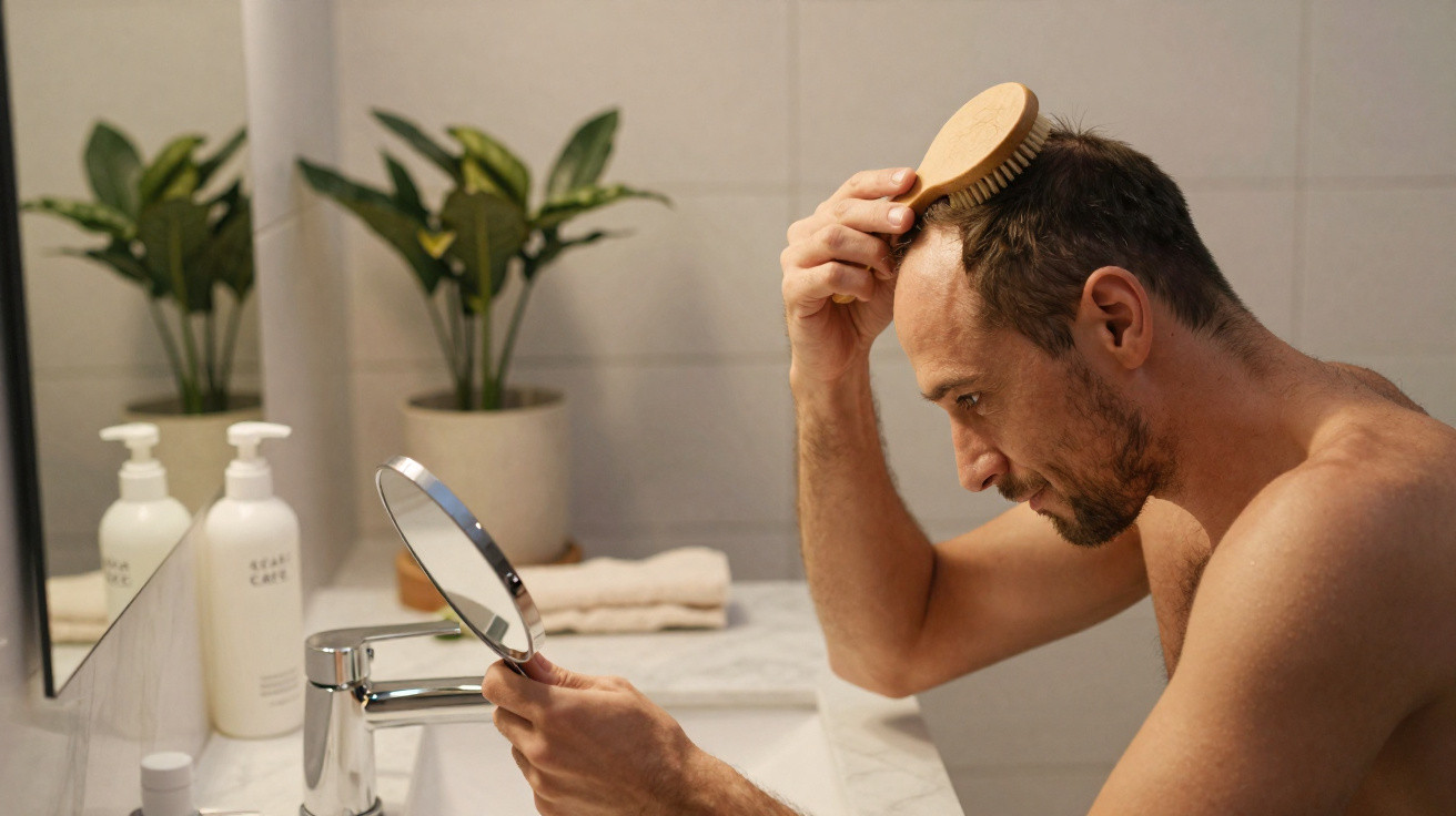 Homem a escovar o cabelo olhando para um espelho de mão numa casa de banho moderna.