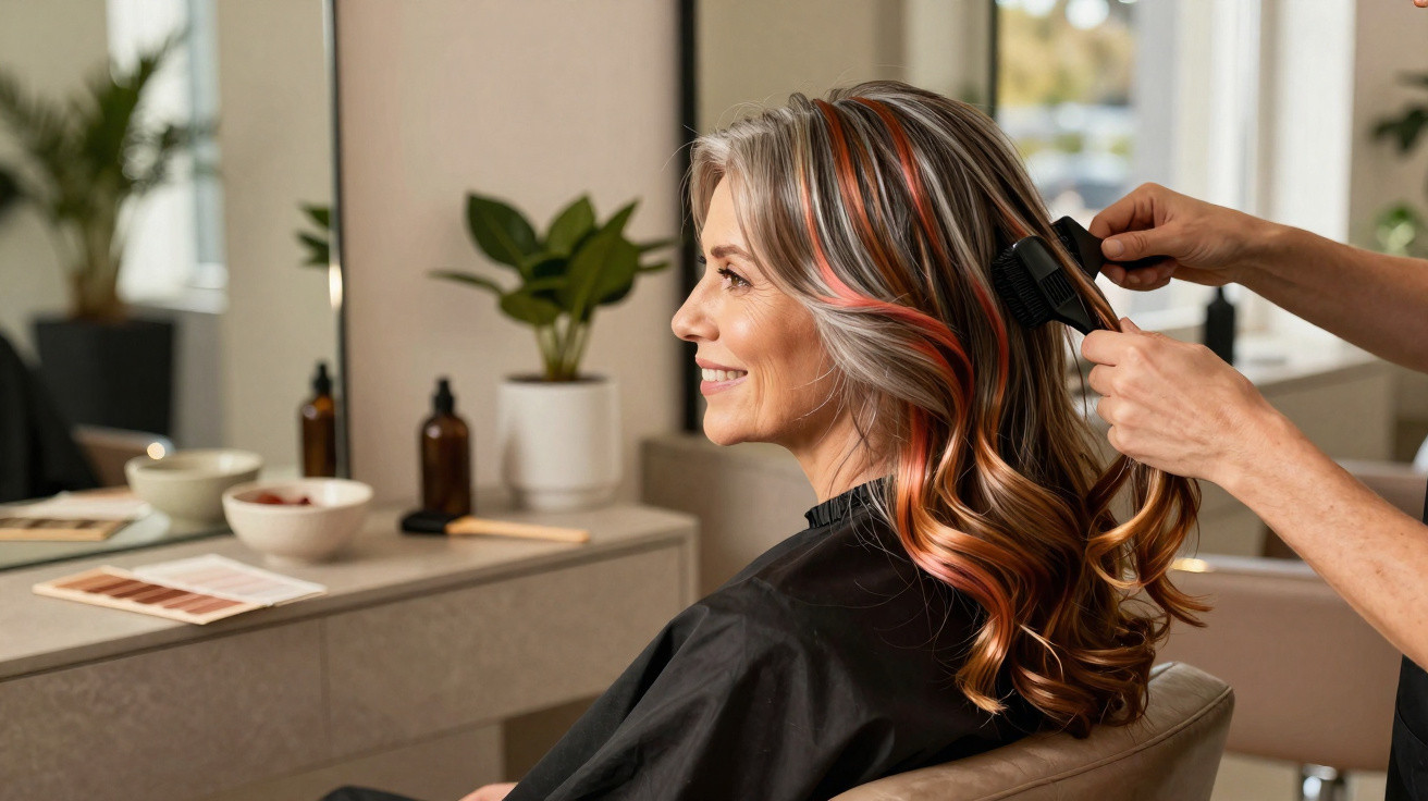 Mulher sorridente com cabelo loiro e mechas cor de cobre a ser penteada num salão de beleza.