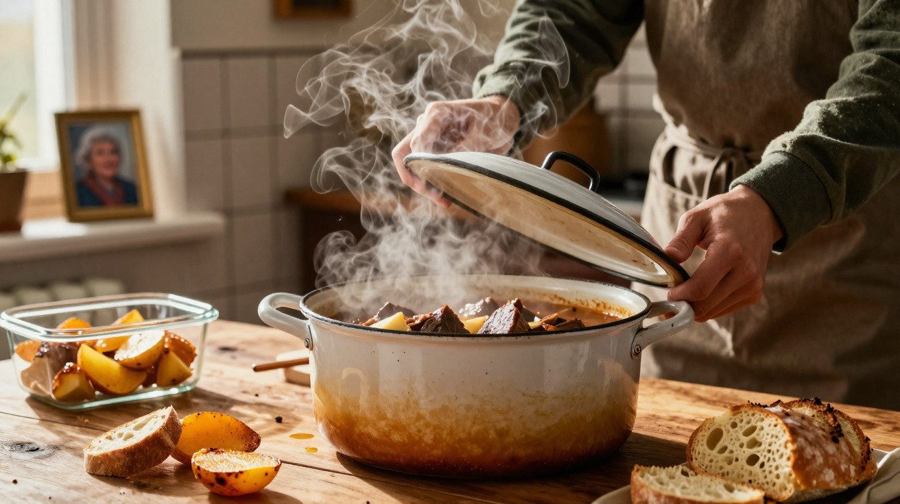 Pessoa a levantar tampa de panela com ensopado fumegante numa cozinha rústica com pão e legumes à mesa.