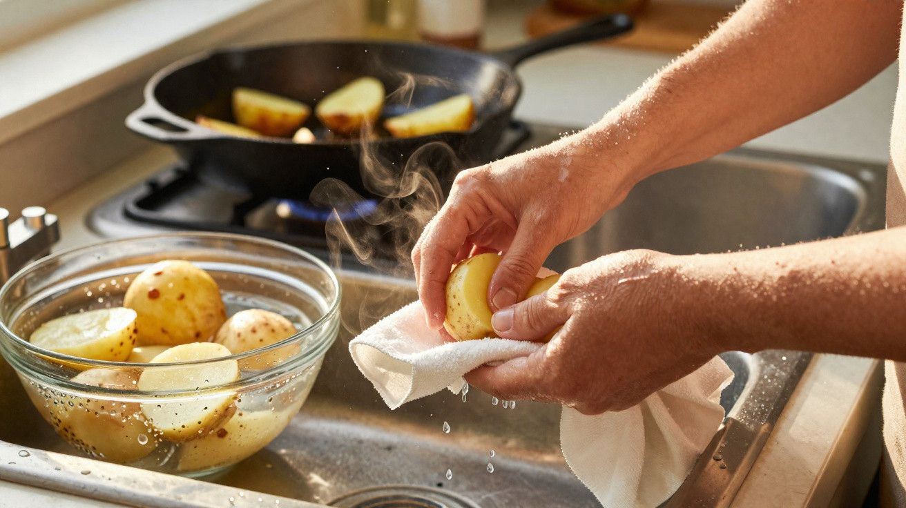 Pessoa seca batatas cozidas com um pano na cozinha, com batatas e panela ao fundo.