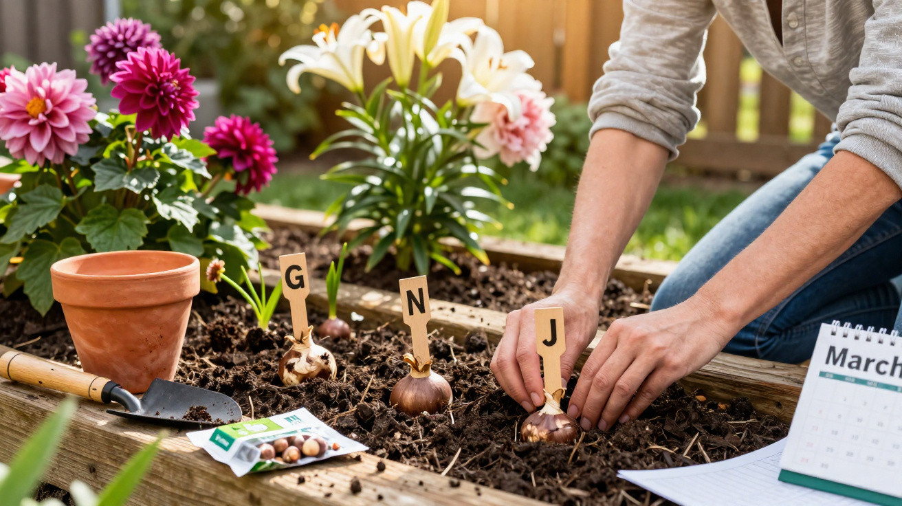 Pessoa a plantar bulbos de flores num canteiro com etiquetas de identificação e calendário de março.