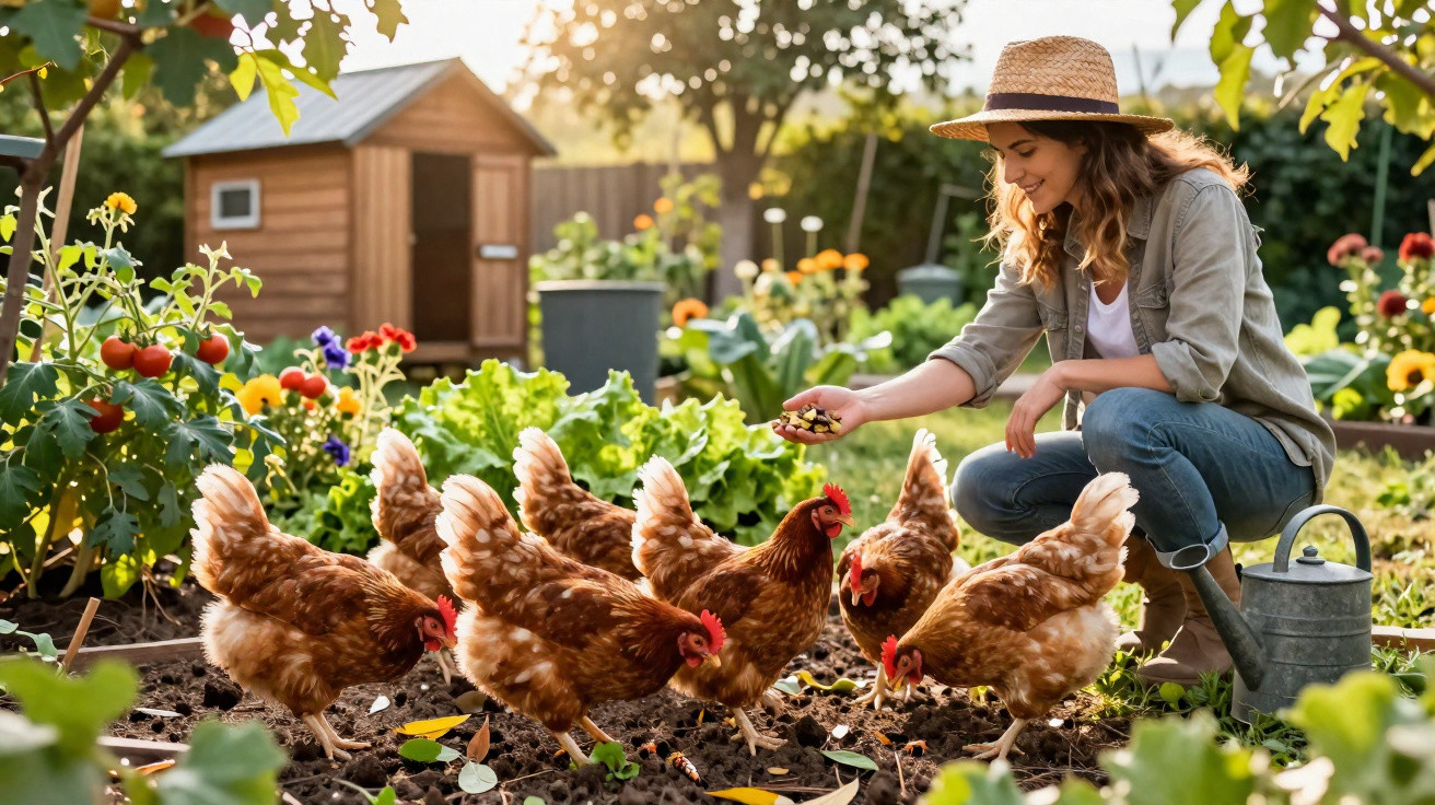 Mulher a alimentar galinhas num jardim com vegetação e galinheiro ao fundo ao entardecer.