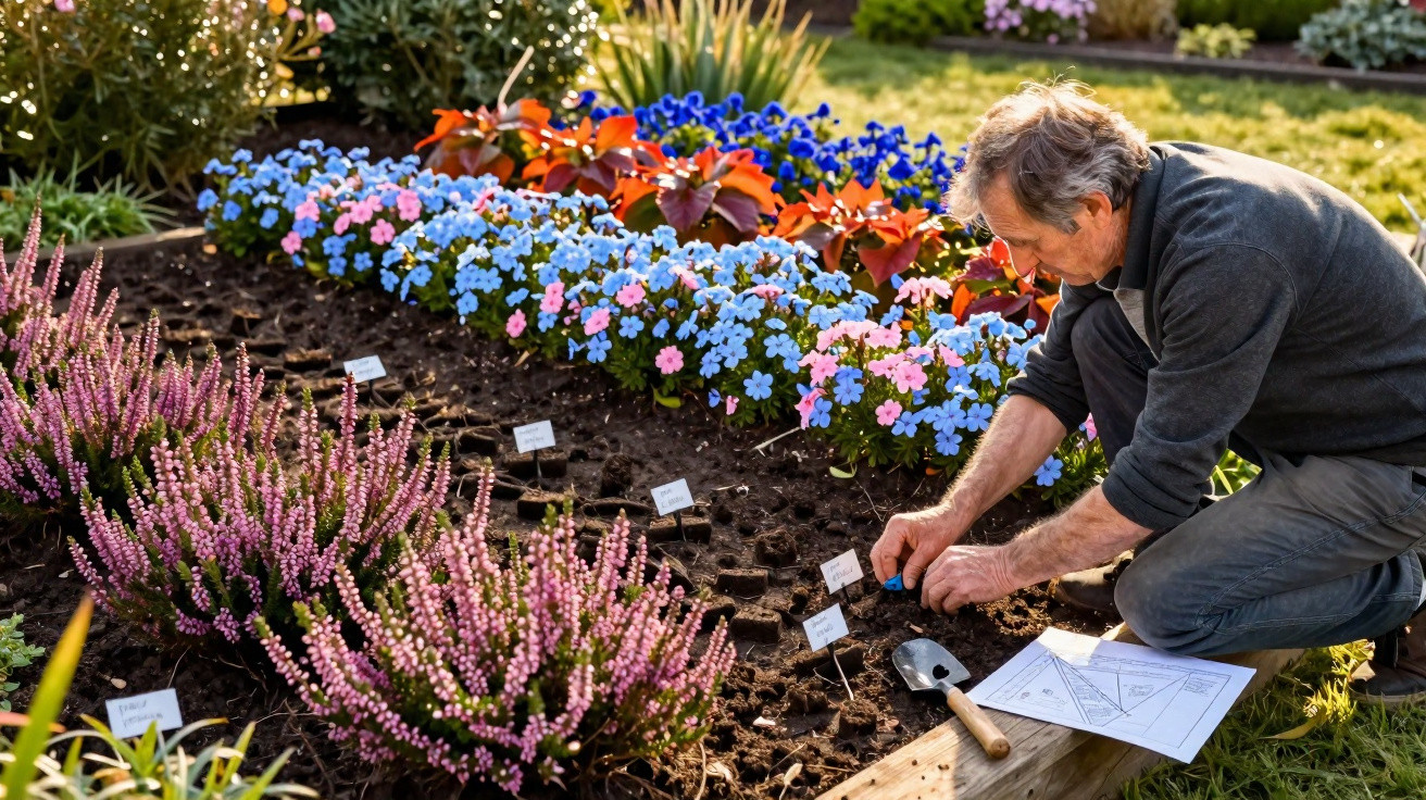 Homem a plantar flores num canteiro bem cuidado, com várias etiquetas e um esquema de jardinagem.