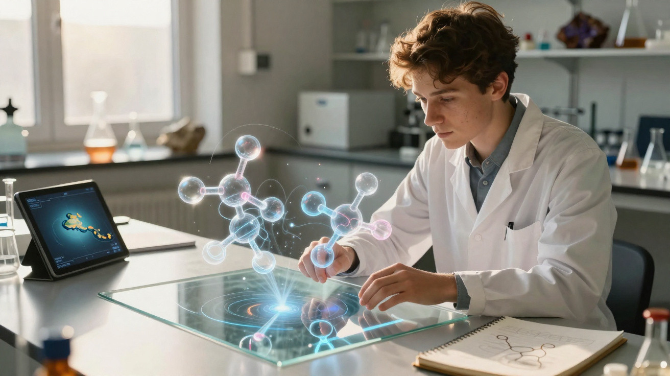 Jovem cientista em bata branca manipula modelo 3D de moléculas através de mesa tátil num laboratório moderno.