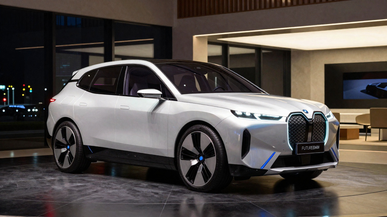 Carro elétrico BMW futurista branco exibido numa sala moderna com iluminação ambiente suave.