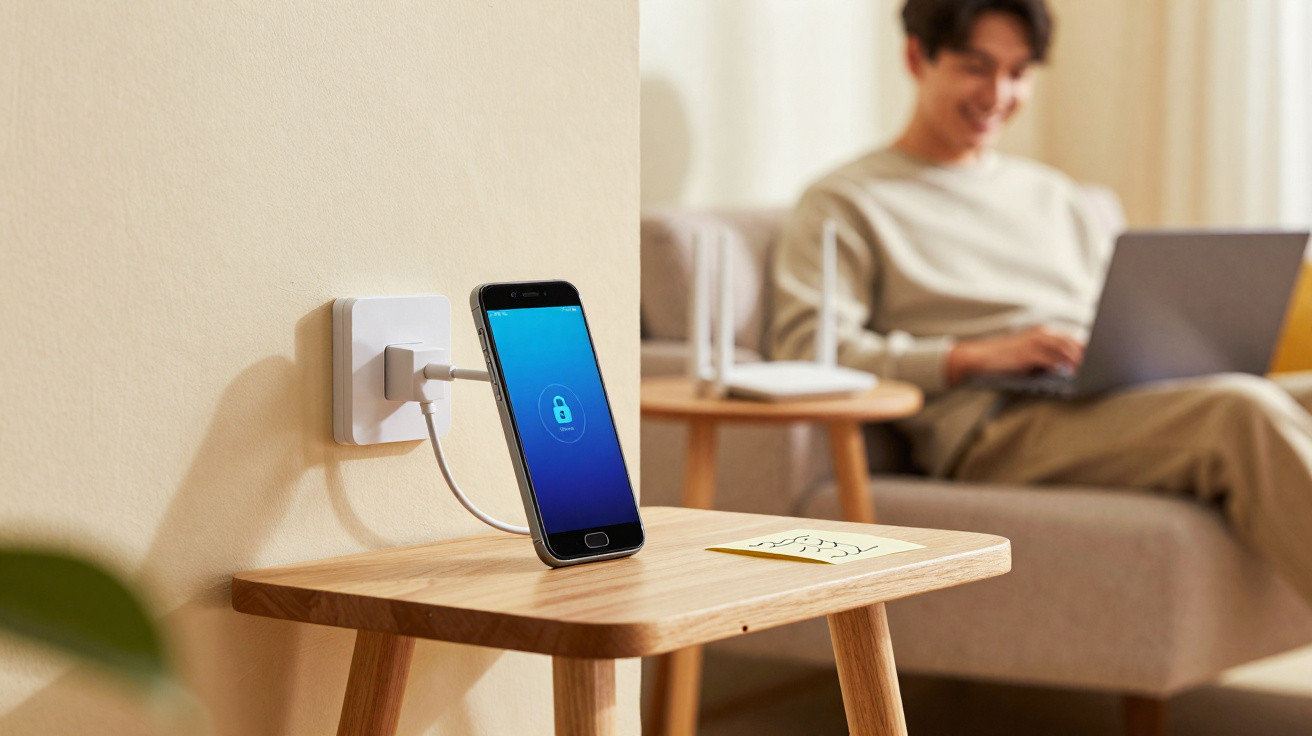 Smartphone ligado a carregador numa mesa de cabeceira, com pessoa a usar portátil ao fundo.
