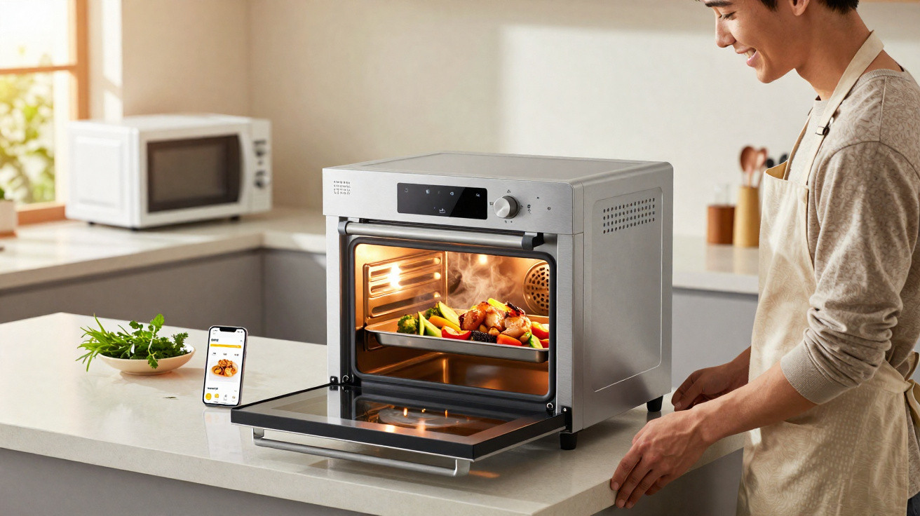 Homem sorri enquanto retira refeição cozinhada em forno moderno numa cozinha luminosa.