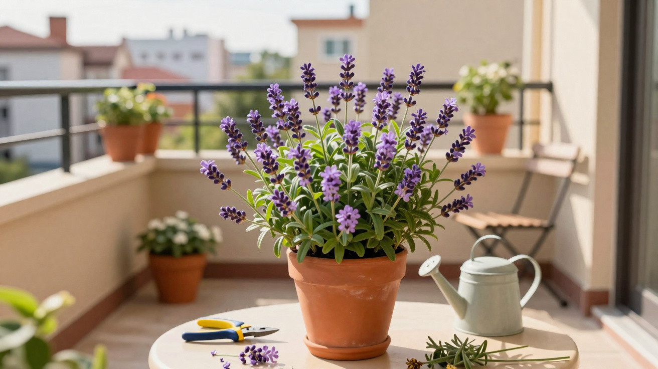 Vaso de flores de lavanda num terraço com regador, tesoura de poda e plantas ao fundo.