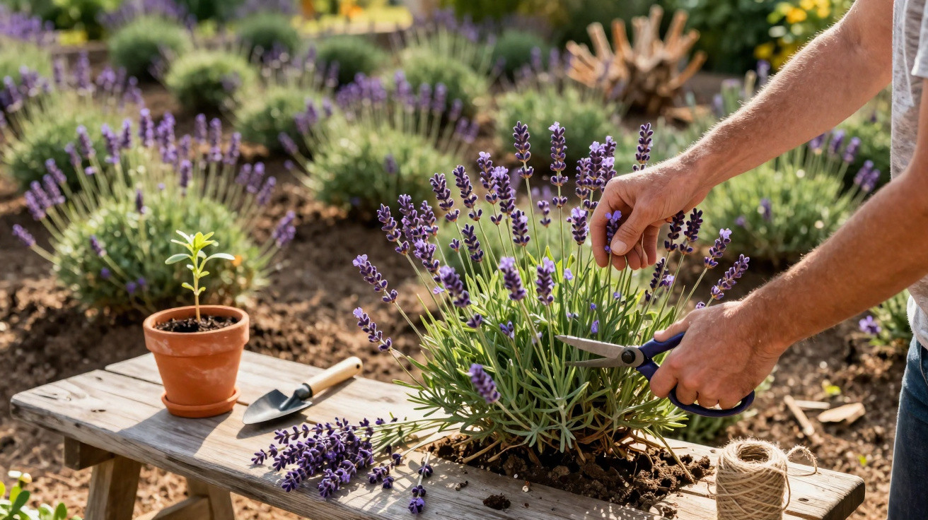 Pessoa a podar a relva-lavanda num jardim, com ferramentas de jardinagem numa mesa de madeira.