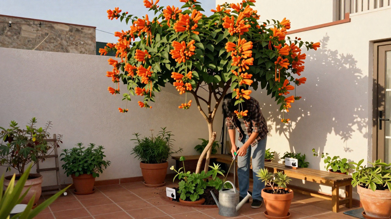 Homem a regar plantas sob uma árvore com flores laranja num terraço com parede branca.