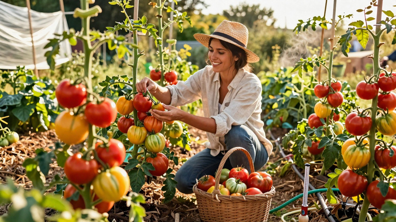 Mulher de chapéu colhendo tomates maduros num jardim, com cesta cheia ao seu lado.