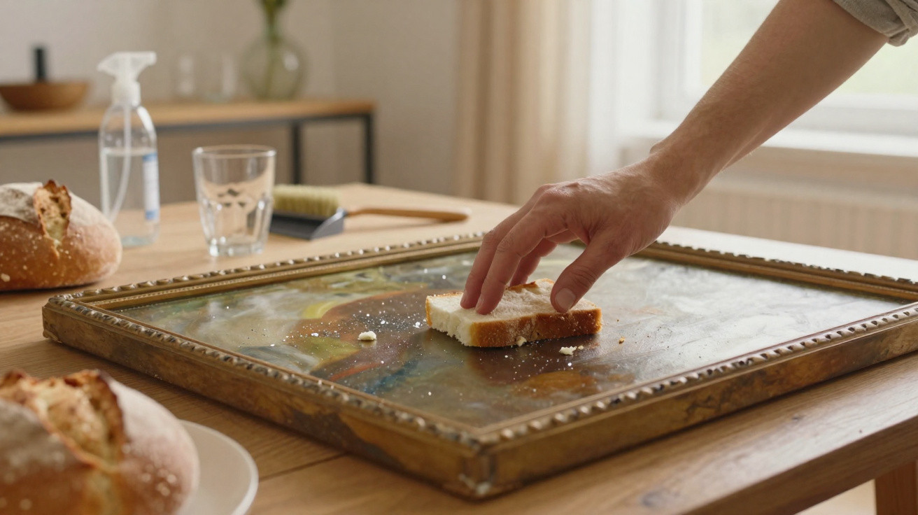 Mão a limpar uma pintura antiga numa moldura com um pedaço de pão sobre uma mesa de madeira.