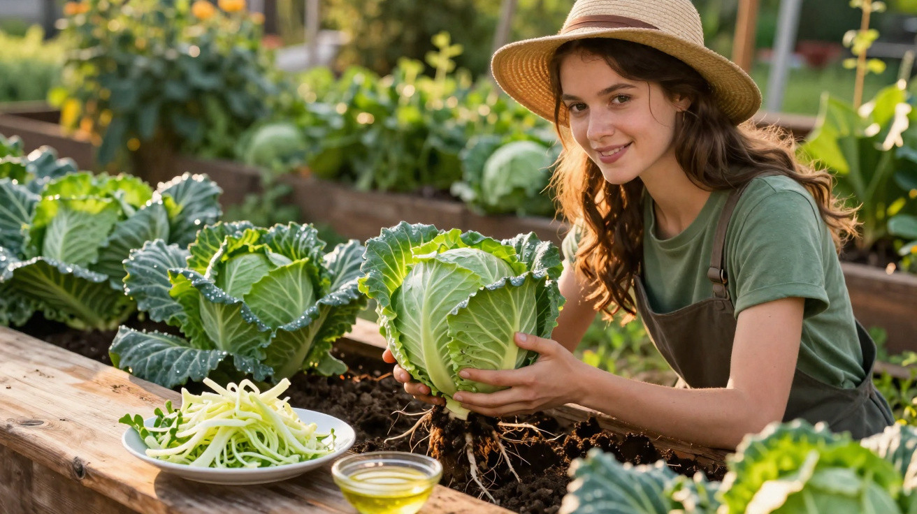 Jovem com chapéu colhe alface orgânica numa horta elevada, ladeada por legumes frescos e azeite.