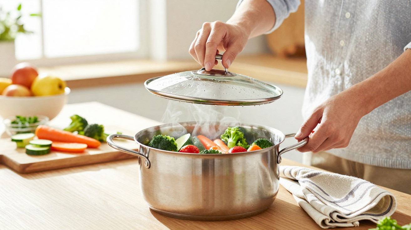 Pessoa a levantar tampa de panela com legumes a cozinhar vapor num ambiente de cozinha iluminado
