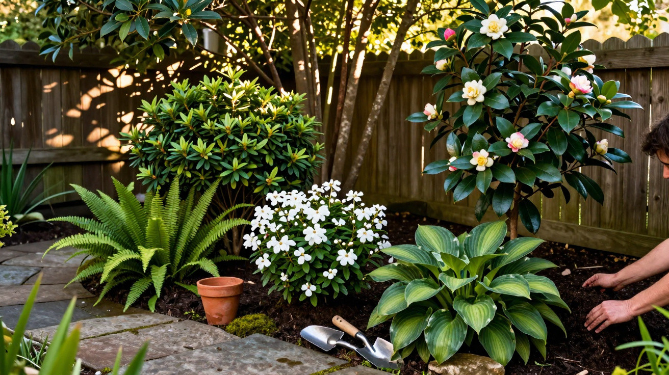 Jardim com várias plantas floridas e utensílios de jardinagem junto a uma cerca de madeira.