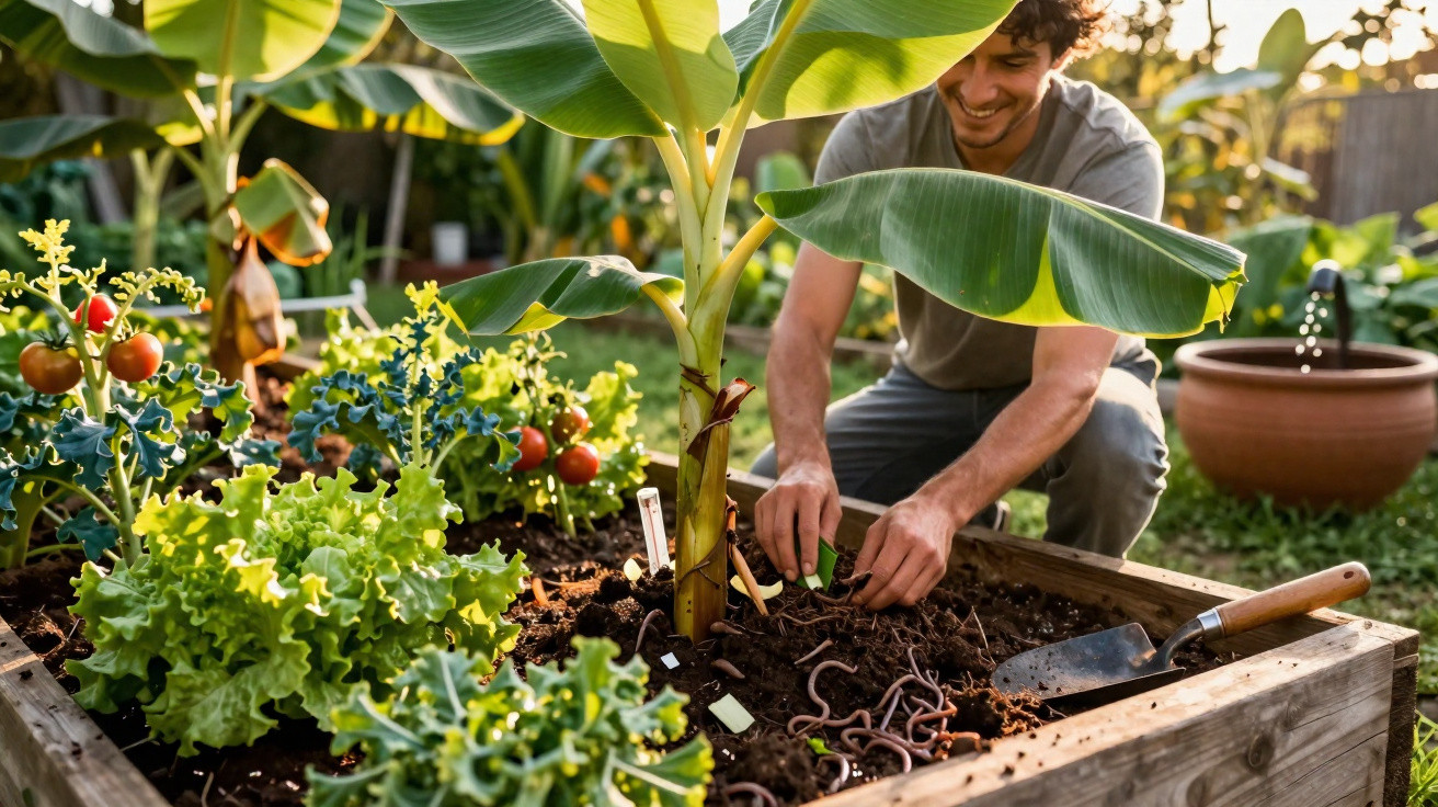 Homem a cuidar de plantas num jardim elevado com alface, tomate e bananeira ao entardecer.