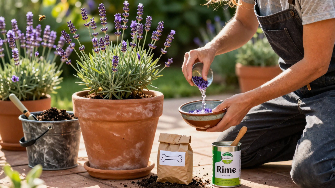 Pessoa a preparar flores de lavanda em vaso de barro num jardim ensolarado com ferramentas de jardinagem.