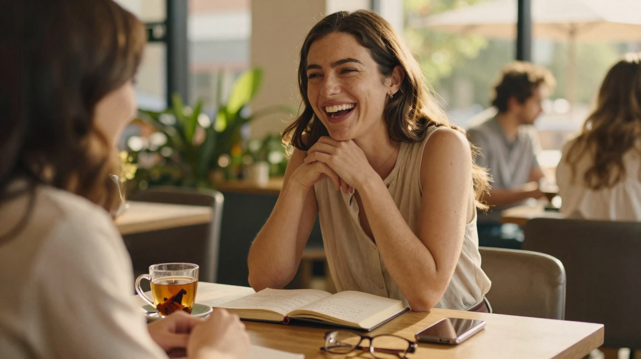 Duas mulheres conversam alegremente numa cafeteria, com livro aberto, chá e telemóvel na mesa.
