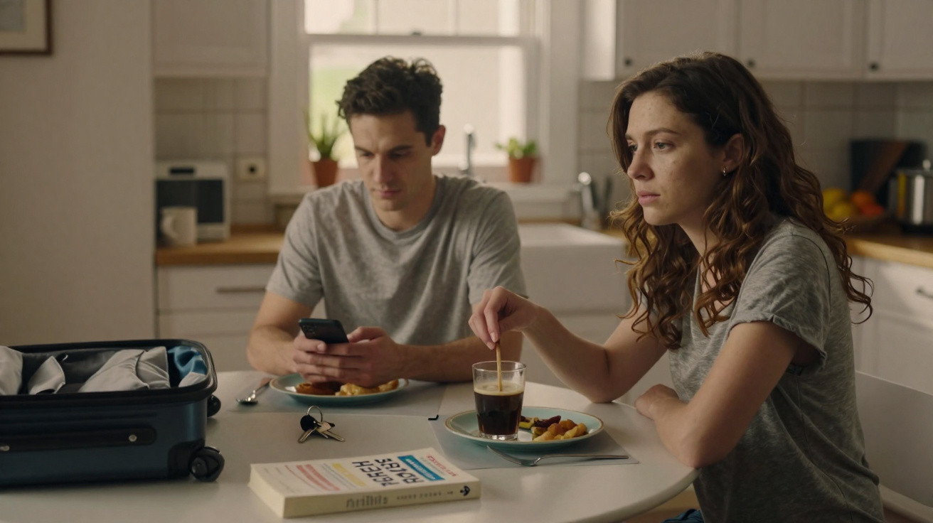 Casal com expressão triste na cozinha, o homem usa telemóvel e a mulher mexe o café junto à mala.