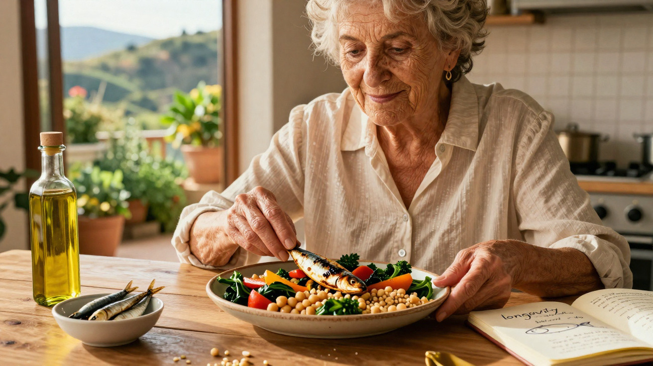 Idosa a preparar uma salada com sardinhas, grão-de-bico e legumes na cozinha iluminada por luz natural.