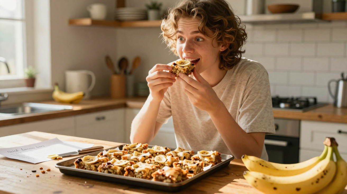 Adolescente a comer uma fatia de bolo com bananas, sentado à mesa da cozinha iluminada.