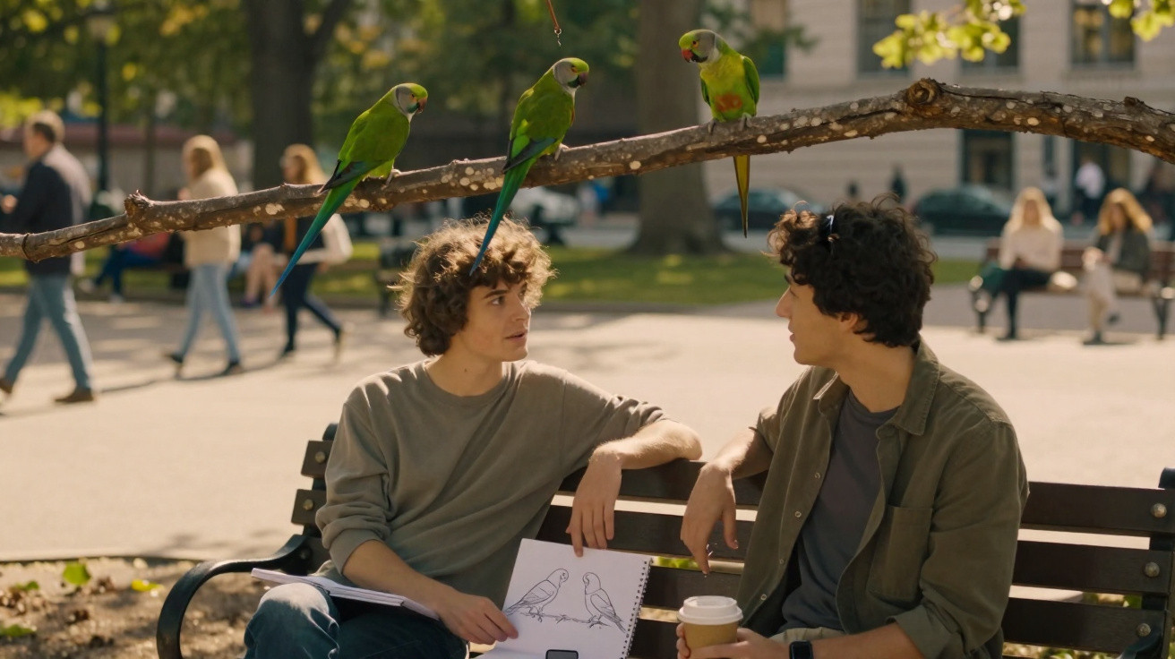 Dois jovens sentados num banco de parque conversam com três papagaios verdes pousados num ramo acima.
